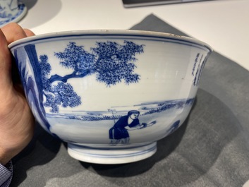 Un bol imp&eacute;rial en porcelaine de Chine en bleu et blanc &agrave; d&eacute;cor de la riziculture, marque et &eacute;poque de Kangxi